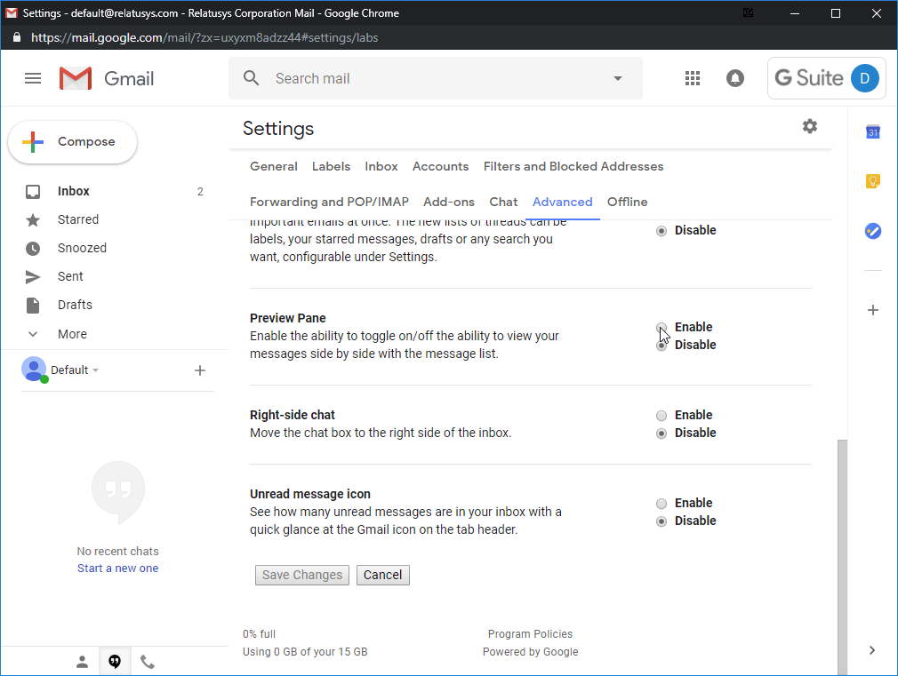 Gmail Advanced Setting Preview Pane